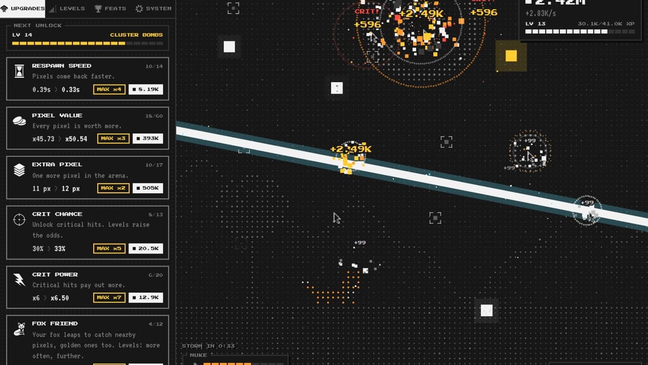 OnePixel mid-game, with a laser beam, explosions and upgrades in a dot-matrix arena