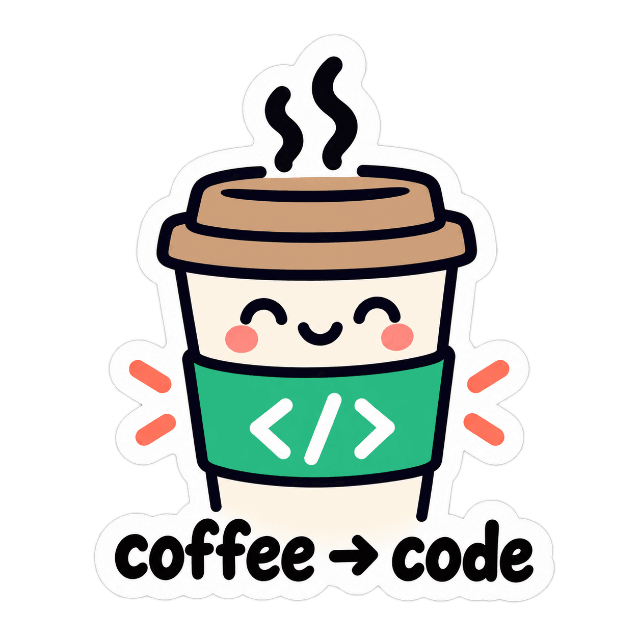 Smiling coffee cup with a green code sleeve above coffee to code lettering