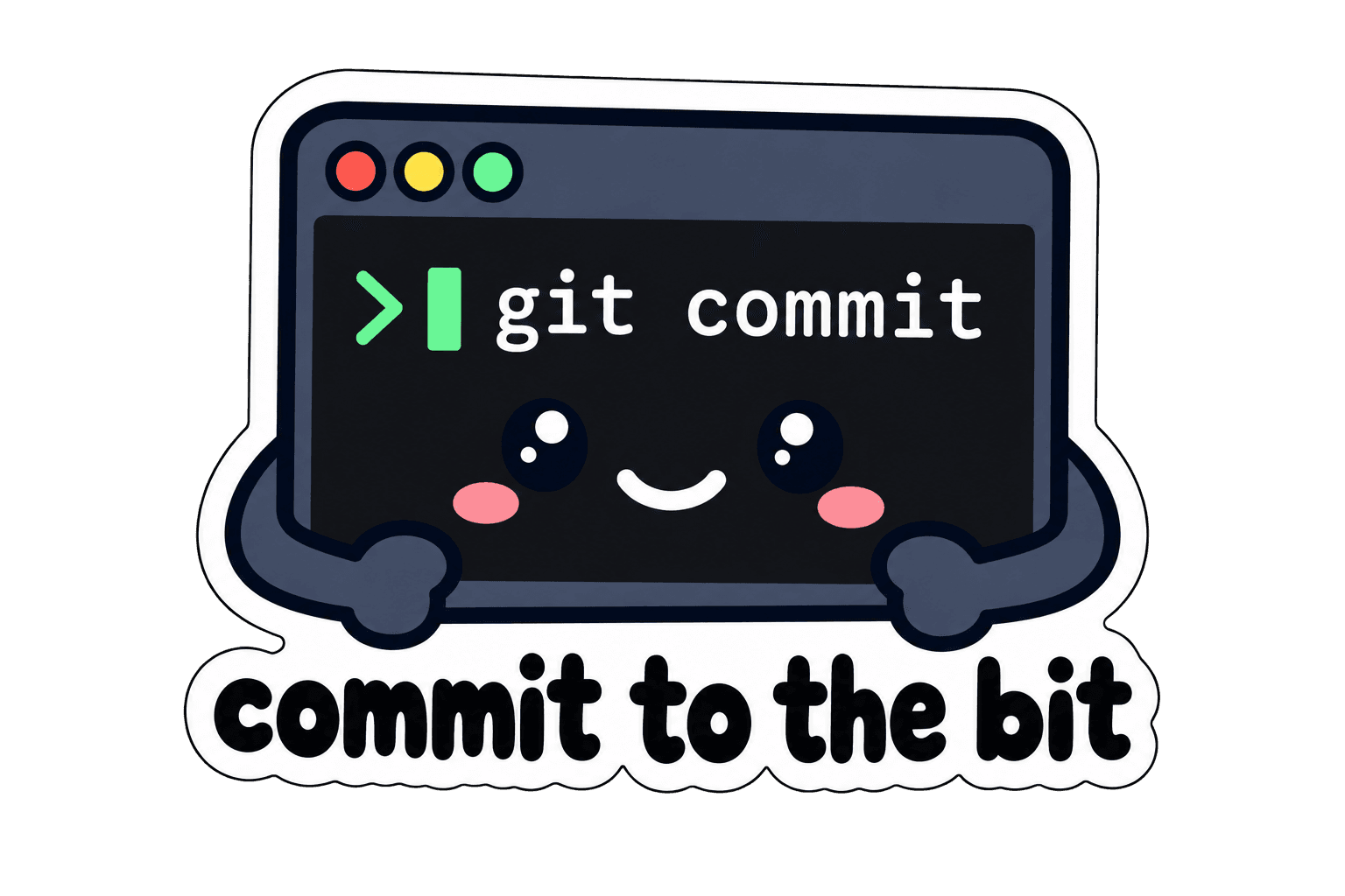Smiling terminal showing git commit above commit to the bit lettering