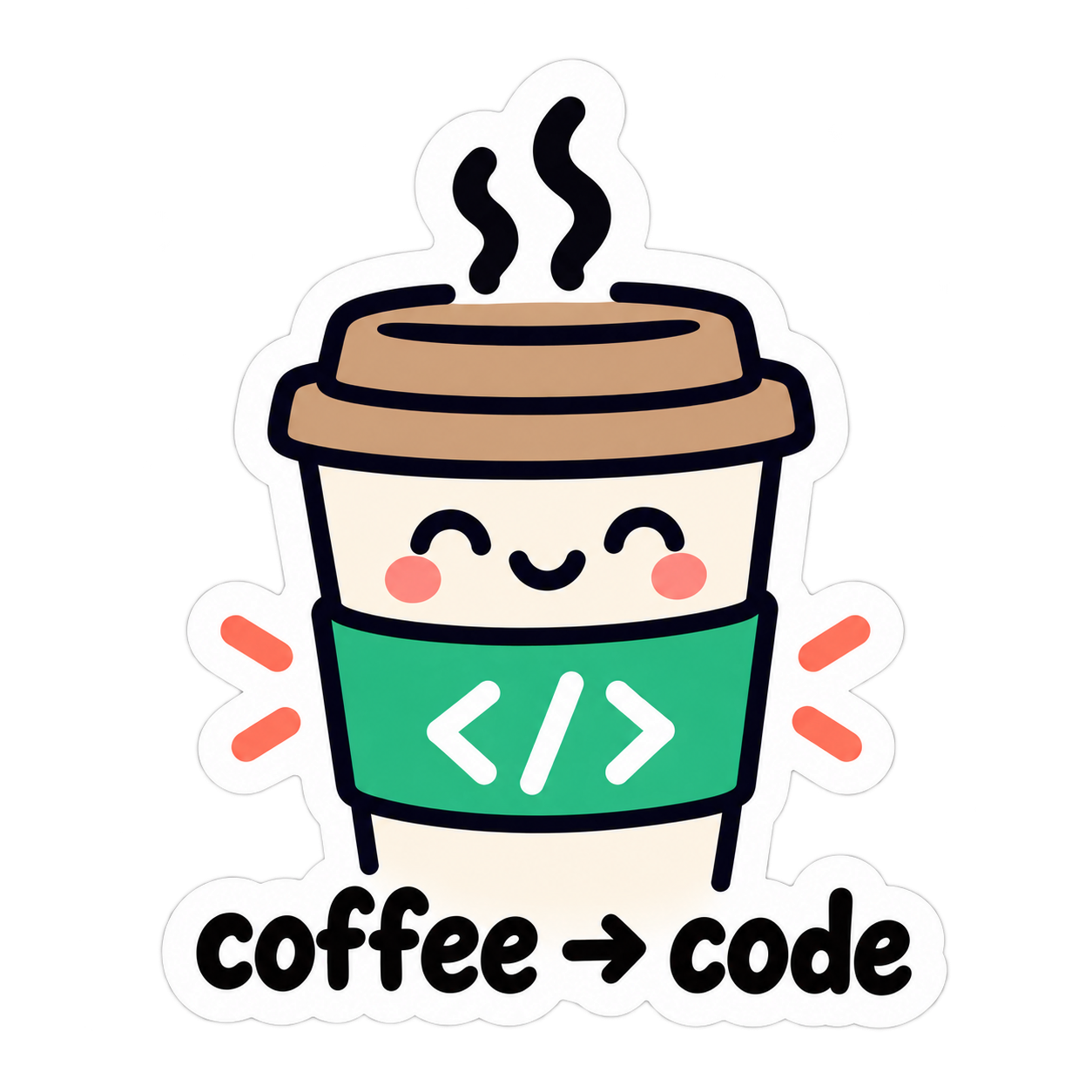 Smiling coffee cup with a green code sleeve above coffee to code lettering