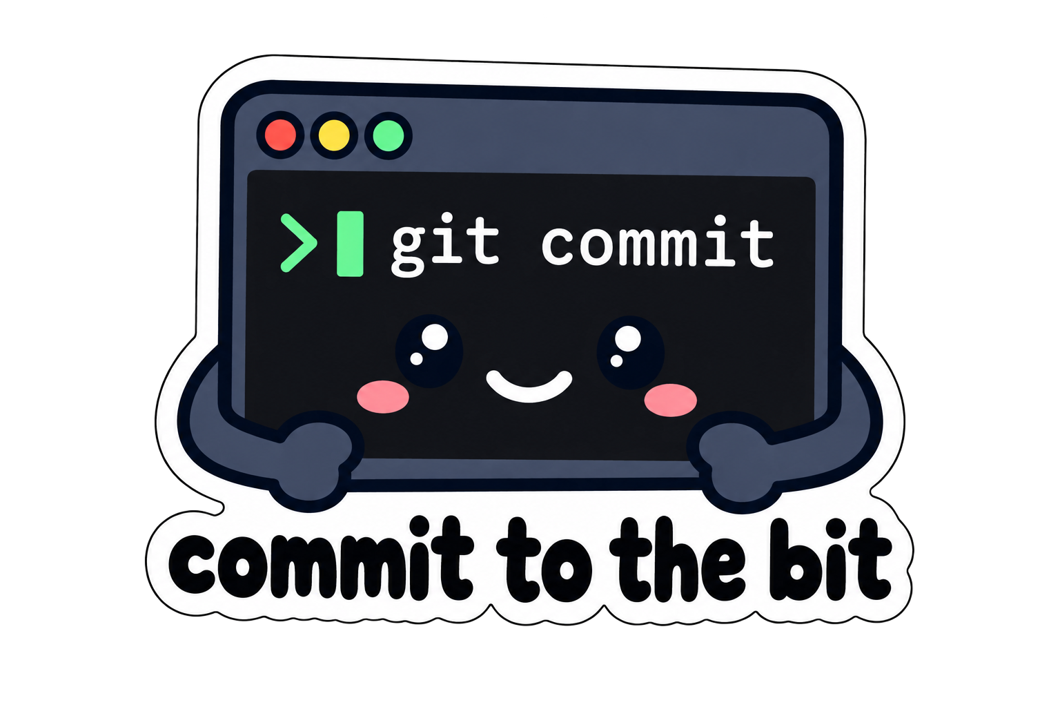Smiling terminal showing git commit above commit to the bit lettering