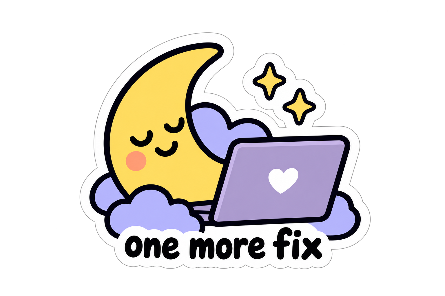 Sleepy yellow moon with a purple laptop and clouds above one more fix lettering