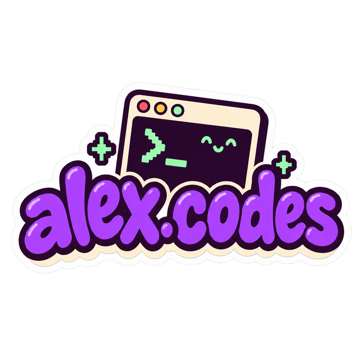 Smiling terminal window with a green prompt above purple alex.codes lettering
